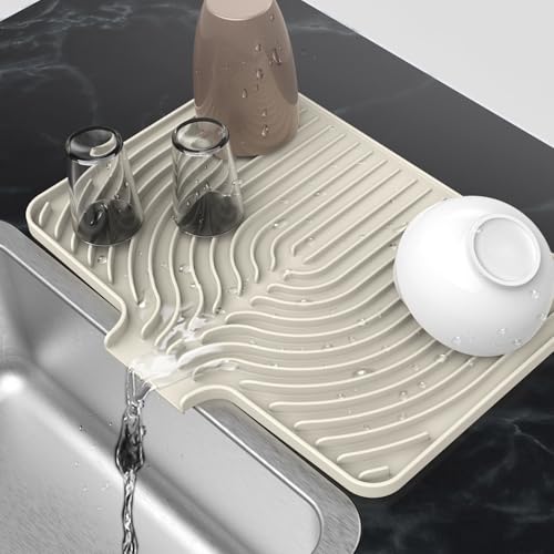 Dish Drying Mat for Kitchen Counter, 18"x12" Dish Drying Rack(cream) | Various Sizes & Colors,Steep-Slope Built in Drain,High-fin Ventilation,Food-grade Silicone,500F heat resistant,for Flat sinks - color: Cream, style: 18×12inch