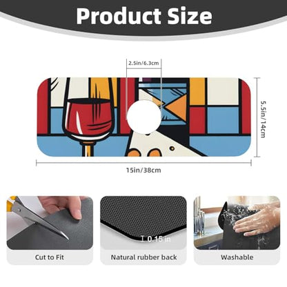 Kitchen Sink Faucet Mat Splash Guard, Cheese Red Wine Abstract Geometry Super Absorbent Drying Mat, Non-Slip Drain Pad for Bathroom Counter - color: Cheese Red Wine Abstract Geometry