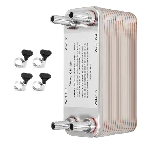 FERRODAY 40 Plate Wort Chiller, 1/2 Barb Fitting Brazed Plate Heat Exchanger, Stainless Steel Homebrew Plate Wort Chiller, Beer Chiller Wort Cooler Heat Exchanger For Brewing-7.5" x 3.8"