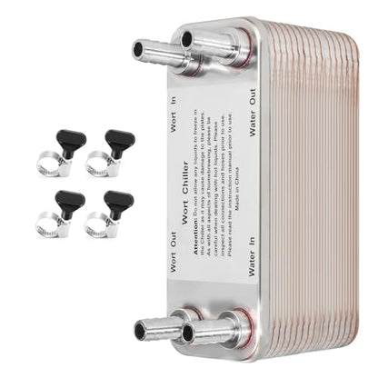 FERRODAY 40 Plate Wort Chiller, 1/2 Barb Fitting Brazed Plate Heat Exchanger, Stainless Steel Homebrew Plate Wort Chiller, Beer Chiller Wort Cooler Heat Exchanger For Brewing-7.5" x 3.8"