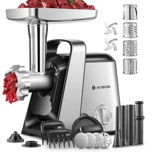 AAOBOSI #8 Meat Grinder, 6-In-1 Meat Grinder Electric [3000W Max] with 4 Slice, Shred Blades,2 Grinding Blades,4 Plates, 3 Sausage Stuffer,Kubbe Kit, Burger Press, 2 Meat Claws, for Home Kitchen Use - color: Stainless Steel+Sliver