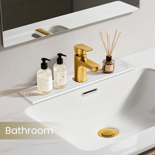 Diatomite Faucet Mat for Kitchen Sink, Quick-Dry Stone-Like Sink Mat, Flat Lay Absorbent Countertop Drying Mat for Faucet Area, Hard Diatomite Mat, White, 23.6 x 4 in - color: White