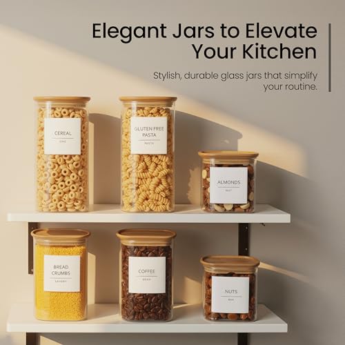 Talented Kitchen Square Glass Food Storage Containers - Airtight & Labeled Glass Kitchen Storage Containers - Space-Saving Stackable Square Pantry Jars - Pack of 6, 24/37/51 fl oz