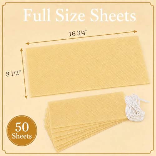 Stakich Candle Making Pure Beeswax Kit, 50 Full Size Sheets - 8 1/8 Inch x 16 3/4 Inch - Comes with Wicking and Instructions - size: 50 Sheets
