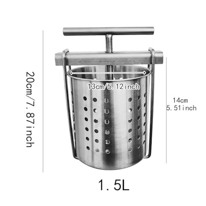 Manual Fruit Press, 304 Stainless Steel Vegetable Squeezer for Honey, Juice, Cheese, Oil, Wine, 1.5L Small Extraction Barrel for Home Kitchen, Farmhouse, with 2 Filter Mesh (1 pcs)