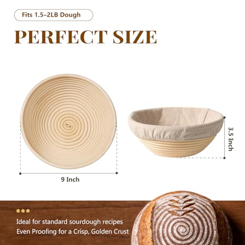 BAVIFY Sourdough Starter Kit, Banneton Bread Proofing Baskets Set | 2-Pack 9 in Round Banneton Basket, Indonesian Natural Rattan, Bread Proofing Bowl for Dough Rising, Fits up to 2.2 lb Dough