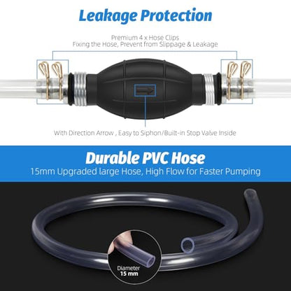 Gasoline Siphon Hose Pump - High-Flow Portable Hand Fuel Transfer Pump for Water, Gasoline, Oil, Petrol, Diesel (2 Premium PVC Hoses) - size: 15mm( 1 Pack)