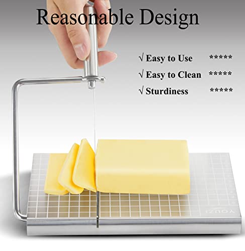 Stainless Steel Cheese Slicer with 10 Replacement Wires, Metal Cheese Cutter and Cutting Board - For Block Cheese