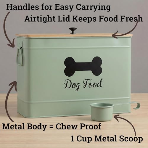 Dog Food Container Airtight Bamboo Lid 15-20 lb Sturdy Metal Handle 70 Cups | Pet Jar For Dogs up to 100lbs, Airtight Bamboo Lid, Sturdy Comfortable Metal Handle, Powder Coated Iron, Kibble Storage Bin - color: Sage Green