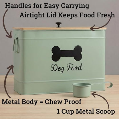 Dog Food Container Airtight Bamboo Lid 15-20 lb Sturdy Metal Handle 70 Cups | Pet Jar For Dogs up to 100lbs, Airtight Bamboo Lid, Sturdy Comfortable Metal Handle, Powder Coated Iron, Kibble Storage Bin - color: Sage Green