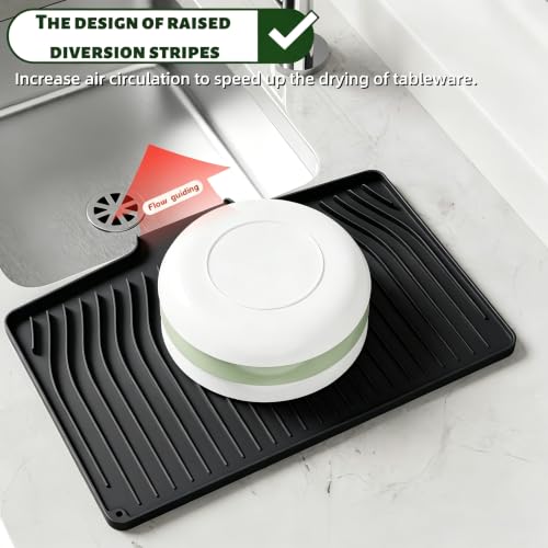CIEO Silicone Dish Drying Mat for Kitchen Counter, Slope Fast Self-Draining, Non-Slip Drain Pad, Easy Clean Countertop Protection Mat, Multiple Use for Dishes Drying Rack（18.9"x 11.9",Black）