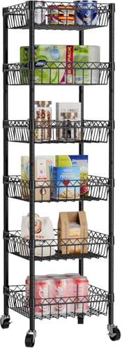 Golpart Basket Shelves Closet Rack with Wheels Metal Pantry Wire Shelf Unit | 6 tier Storage Rolling Shelving Bathroom Organizers Kitchen Garage Laundry Room Organization Home 13.6"Dx13.6"Wx63"H Black - color: Black, size: 6-tier-[13.6"Dx13.6"Wx63"H]