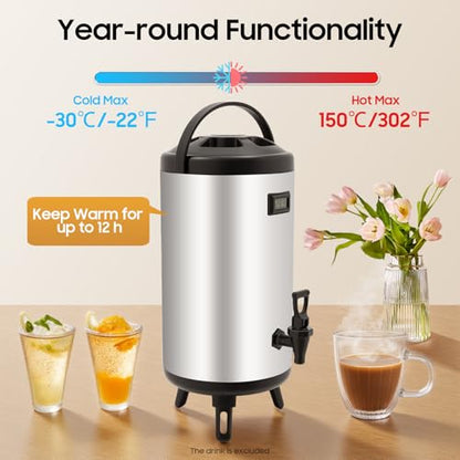 Stainless Steel Insulated Beverage Dispenser, 2.5Gal Thermal Carafe with Spigot for Hot Coffee & Cold Juice, 12-Hour Heat Retention Drink Dispenser for Party Wedding Cafe, Silver - size: 2.51Gal