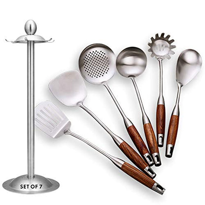 Cooking Utensils Set,7pcs 304 Stainless Steel Kitchen Utensils Set with Holder,Heat Resistant Wooden Handle Kitchen Tools - style: Cooking Utensils-wood handle