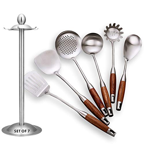 Cooking Utensils Set,7pcs 304 Stainless Steel Kitchen Utensils Set with Holder,Heat Resistant Wooden Handle Kitchen Tools - style: Cooking Utensils-wood handle