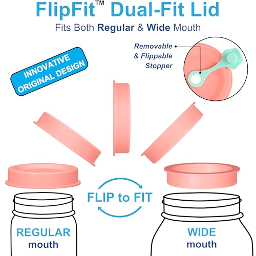 ORIGINAL CREATOR - FlipFit™ Silicone Mason Jar Lids with Straw Hole - Dual-Fit Regular Mouth & Wide Mouth Mason Jars Ball, Kerr, Mainstays - Drinking Lids with Straw Hole - Plastic-Free