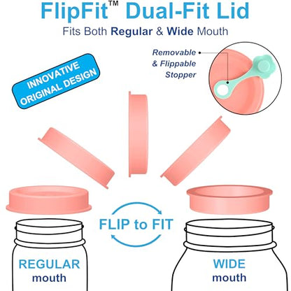 ORIGINAL CREATOR - FlipFit™ Silicone Mason Jar Lids with Straw Hole - Dual-Fit Regular Mouth & Wide Mouth Mason Jars Ball, Kerr, Mainstays - Drinking Lids with Straw Hole - Plastic-Free