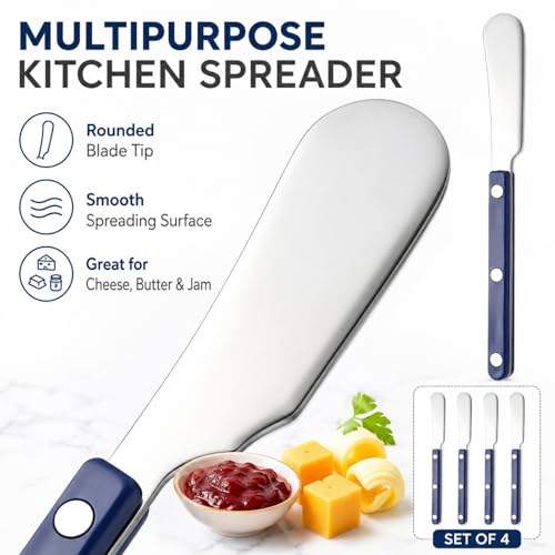4PCS Stainless Steel Butter Knives Set: 6.3 Inch Cheese Spreader 304 Stainless Steel with Ergonomic Handle for Cheese, Butter & Jam (blue) - color: blue