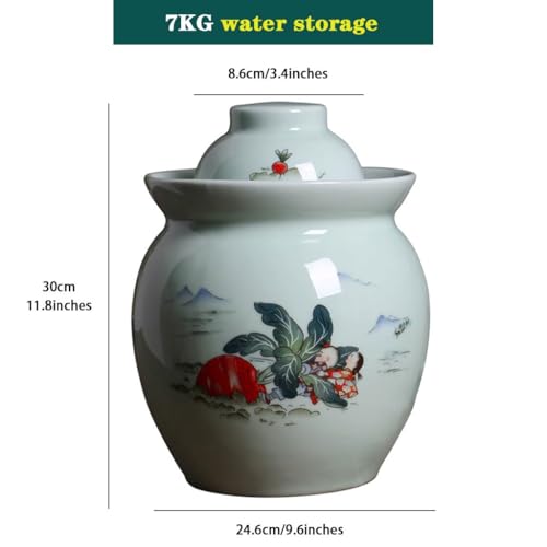 Chinese Jingdezhen Ceramics Pickle Jar, Water-Sealed Traditional Fermentation Crock, Spicy Radish Pattern Kimchi Jar, Artistic Decoration(7kg) - size: 7kg