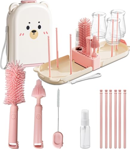 Pink Travel Baby Bottle Cleaner Kit – 6-in-1 Portable Brush Set with Drying Rack & Storage Case | Baby Travel Essentials for Flying, Newborn Bottle Cleaning & Breast Pump Parts On-The-Go - color: Pink