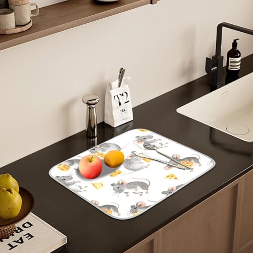 ALAZA Cute Mouse with Cheese Dish Drying Mats Absorbent Microfiber Drying Pad Kitchen Countertop Draining Mat 18 x 24 Inches - size: 18" x 24"