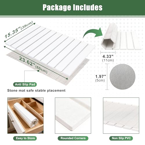 Large Stone Drying Mat for Kitchen Counter, 24"×16", Foldable Super Absorbent Stone Dish Drying Mat for Tableware, Bottles and Cups, Non Slip Diatomaceous drying matt kitchen counter (White)