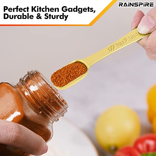 Rainspire Heavy Duty Measuring Spoons Set Stainless Steel, Metal Measuring Cups and Spoons Set for Dry or Liquid, Fits in Spice Jar, Home Gadgets Kitchen Gadgets, Set of 7 Including Leveler, Gold - color: Gold