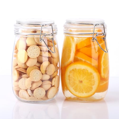 Glass Jars With Airtight Lid 32 Oz Wide Mouth Glass Containers With Lids 2 Pack Airtight Food Grade Storage Canisters With Clasp For Flour, Coffee, Sugar, pickle, Beans, Candy, Nuts, Rice, Pasta - color: 32oz 2PC