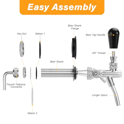 Long Shank Flow Control Beer Faucet, Beer Tap Faucet Upgraded Adjustable Bar Tap with Stainless Steel Core & Brass Body, 4" Draft Beer Shank with 5/16 Barb & G5/8 Thread for Homebrew - size: Brass and Stainless Steel