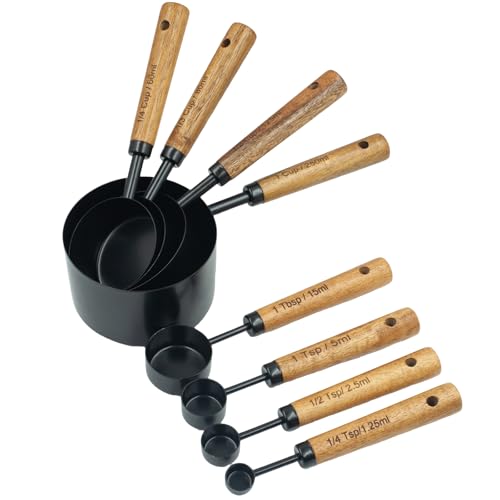 Measuring Cups and Spoons Set of 8, Stainless Steel Measuring Cup with Wooden Handle, Kitchen/Food/Liquid/Baking (Black) - color: Black