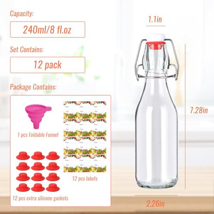 8 oz Swing Top Glass Bottles 12Pack, Reusable Flip Top Glass Bottle for Kombucha, Home Brewing, Beer, Beverage Storage(240ml, Set of 12)