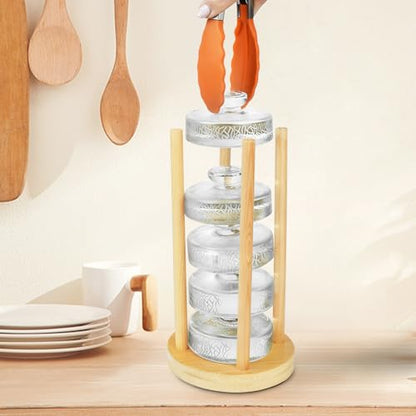 Artcome 5-Pack Glass Fermentation Weights with Easy Grip Handle and Unique Texture Design for Large Wide Mouth Mason Jars - Pickle Pebbles with Glass Weights Organizer - Space Saving Compact Design - size: glass weights 5pc + holder 1pc + tongs x 1pc