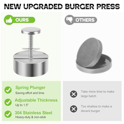 Burger Press, Adjustable Hamburger Prees Patty Maker 4.52" - Non-Stick Mold and Spring Button 304 Stainless Steel Burger Patty Press Making Patties for Beef, Vegetables, Meat, BBQ, Party Grill