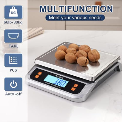 Atogou 66lb Food Scale, Commercial Kitchen Scale Plug-in Usable with Full View LCD Display, Stainless Steel, for Baking, Bread, Cooking, Meat, Vegetables, Farm, Industry LC200 Grey - size: Grey 66 lb (30 kg)