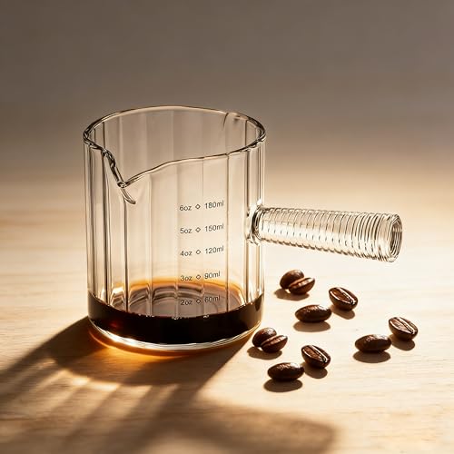 Glass Espresso Cup 6 OZ, Double Shots Measuring Cup with Glass Handle for Dishwasher Safe, Double V-Shaped Spout Milk Frothing Pitcher, Espresso Accessories for Machine, Demitasse Cups (Clear) - color: Clear