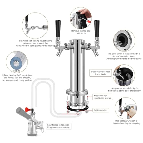Kegerator Tower Double Tap Beer Tower Dual Faucet Beer Tower Stainless Steel 3'' Flange Beer Tower Dispenser Beer Tap Kegerator Parts with Pre-Assembled Tubing and Self-Closing Springs - size: Double Tap