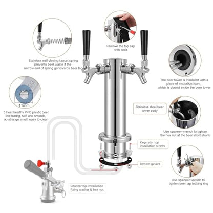 Kegerator Tower Double Tap Beer Tower Dual Faucet Beer Tower Stainless Steel 3'' Flange Beer Tower Dispenser Beer Tap Kegerator Parts with Pre-Assembled Tubing and Self-Closing Springs - size: Double Tap