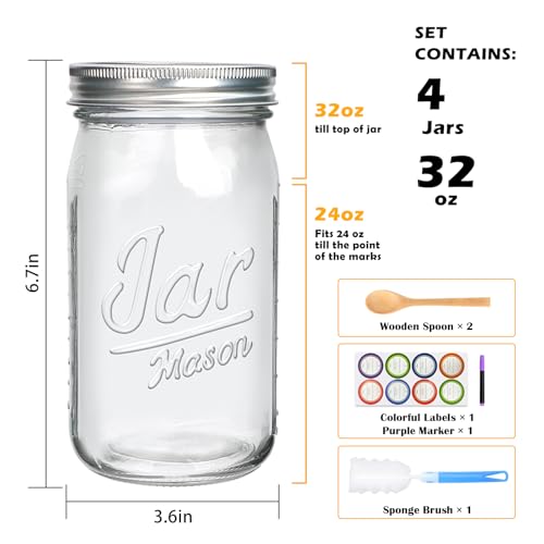 32oz Canning Jars, Wide Mouth Mason Jars with Lids and Bands Excellent Choice for Canning,Fermenting,Pickling,Spice Jars,Canned Goods,DIY Projects,Wedding Favors,Microwave/Freeze/Dishwasher Safe,4Pack