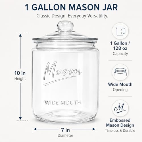 1 Gallon Mason Glass Cookie Jar with Lid – Wide Mouth Glass Storage Jar with Embossed Mason Logo, Airtight Pantry Container with Measurement Markings for Cookies, Candy, Flour & Dog Treats – Pack of 2 - size: Pack of 2