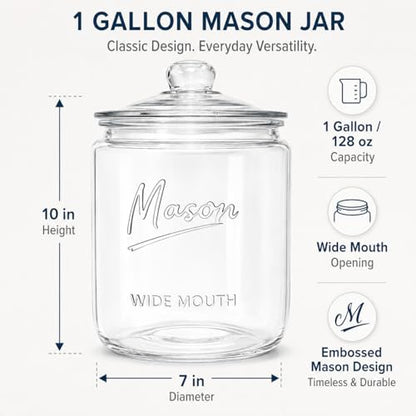 1 Gallon Mason Glass Cookie Jar with Lid – Wide Mouth Glass Storage Jar with Embossed Mason Logo, Airtight Pantry Container with Measurement Markings for Cookies, Candy, Flour & Dog Treats – Pack of 2 - size: Pack of 2