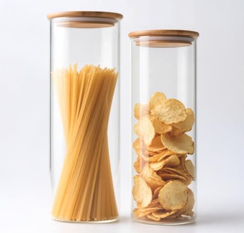 66+37 oz Glass Food Storage Jars with Airtight Lids, Tall Clear Glass Jar with Bamboo Lid, Airtight Food Canister for Pasta, Candy, Coffee, Sugar, Cookie, Snack. (Round | 10+11 Inch) - color: Round 2 Pack (66+37oz)