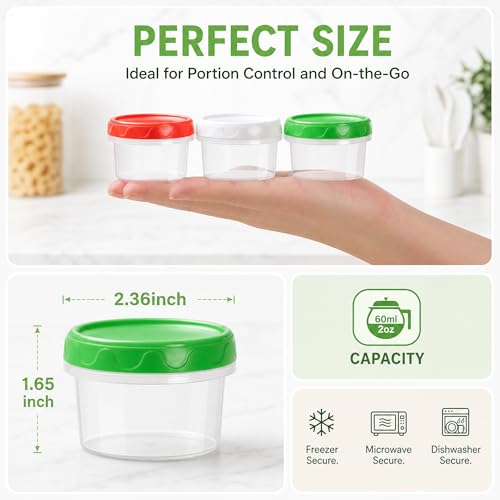 EONJOE 2oz Airtight Small Plastic Food Storage Containers with Lids, 12pcs | Dishwasher safe ,BPA free,Reusable,Round jars ,Perfect for salad dressing sauce condiments lunch to go - size: 2oz