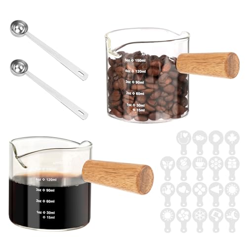 Espresso Shot Glass, 5OZ/150ML Dual Scale Measuring Cup with Wooden Handle, Heat Resistant Espresso Cappuccino Shot Cups with Double V-Shaped Spouts for Coffee Milk Tea Bar Serving