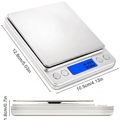Digital Gram Scale 500g 0.01g Food Scale High Precision Kitchen Scale Multifunctional Stainless Steel Pocket Scale with Back-Lit LCD Display Tare PCS Features Silver