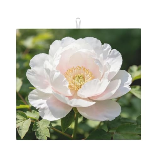 White peony Dish Drying Mat for Kitchen Counter, Absorbent Microfiber Drainer Mats, Non-slip Kitchen Draining Mat for Coffee Machine Dish Rack Pad 18"x16" Dish Drainer Pad - color: White Peony