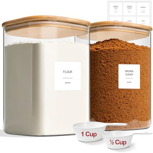 2-Pack 1 Gallon Square Glass Flour and Sugar Containers with Lids, Large Airtight Pantry Jars for Baking - Glass Canisters with Scoops & Labels for Bulk Food - size: 1gallon*2