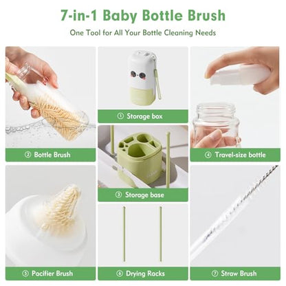 Baby Bottle Brush Set - Baby Bottle Cleaner Kit with Nipple Brush, Silicone Bottle Brush, Straw Cleaner Brush, Soap Dispenser, Bottle Drying Rack - 7 in 1 Bottle Cleaning Tool Set for Home and Travel - size: Mini
