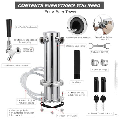 FERRODAY Kegerator Tower Dual Faucet Beer Tower Double Tap Beer Tower Dispenser Beer Tap Kegerator Parts Stainless Steel Tower Brass Faucet Stainless Core Pre-assembled Lines 3" Keg Tower Beer Keg Tap - size: Dual Tap-Brass Faucet