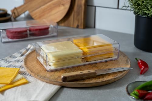 Pikanty Cheese Container for Refrigerator with Removable Tray - Clear Plastic Keeper for Block, Sliced, and Specialty Cheeses, Fits Fridge Door, Hinged Lid, Dishwasher Safe, Made in USA - style: Cheese Storage Container