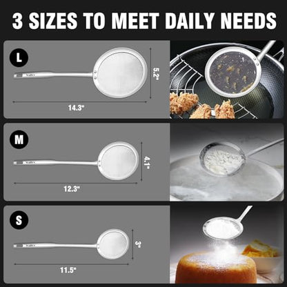 Walfos Fat Skimmer Spoon, 304 Stainless Steel Fat skimmer For Cooking, 3", 4" & 5 inch fine mesh skimmer, Food Strainer Fit For Separation Of The Floating Foam, Fat, Grease, Set of 3 - size: 3 pcs 3+4.1+5.2 inch Skimmer